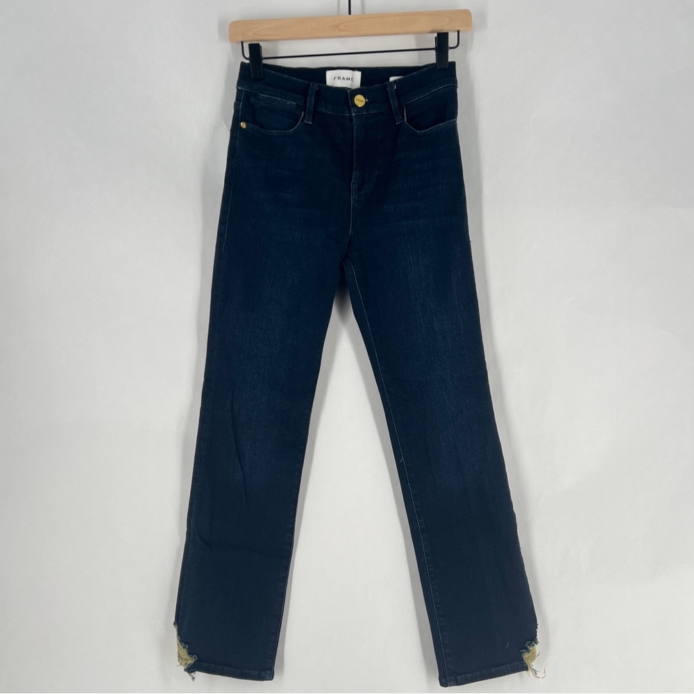 Frame Le High Straight Stretch Denim Dark Wash Denim High Rise Ripped Crop Jeans
